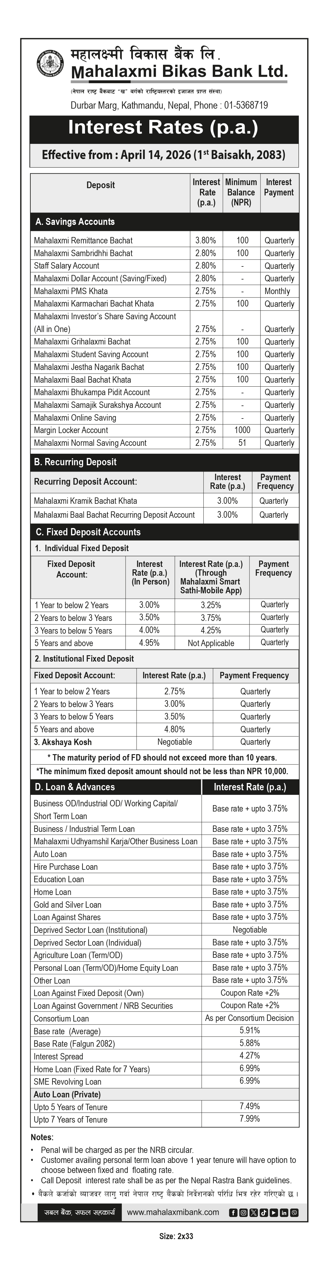 Interest Rates Pa Interest Rates (p.a.) effective from April 14, 2026 (1st Baisakh, 2083)